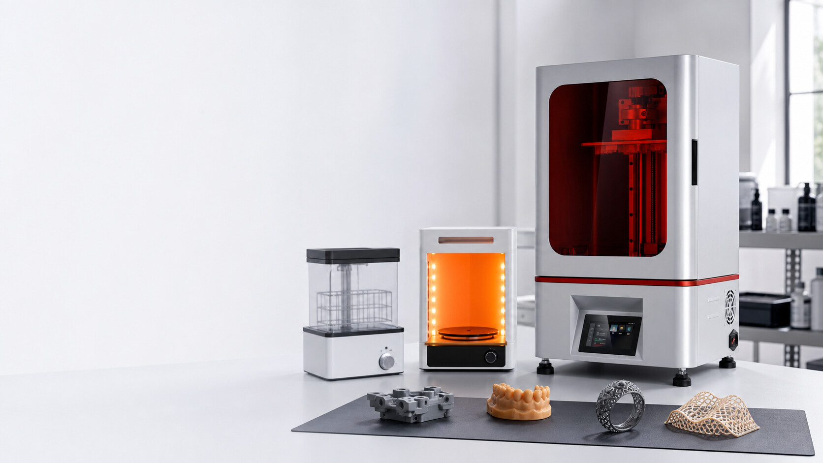 Professional resin 3D printer purchasing evaluation with engineering sample parts and workflow equipment