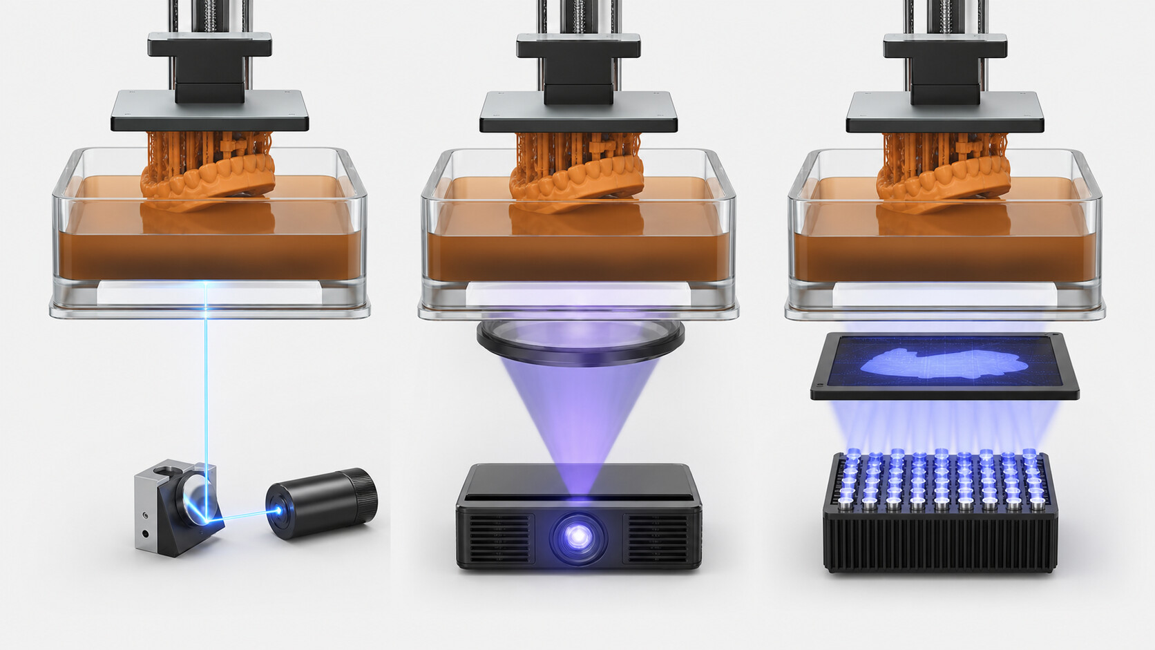 Technical comparison of laser SLA, DLP and LCD MSLA resin 3D printing architectures