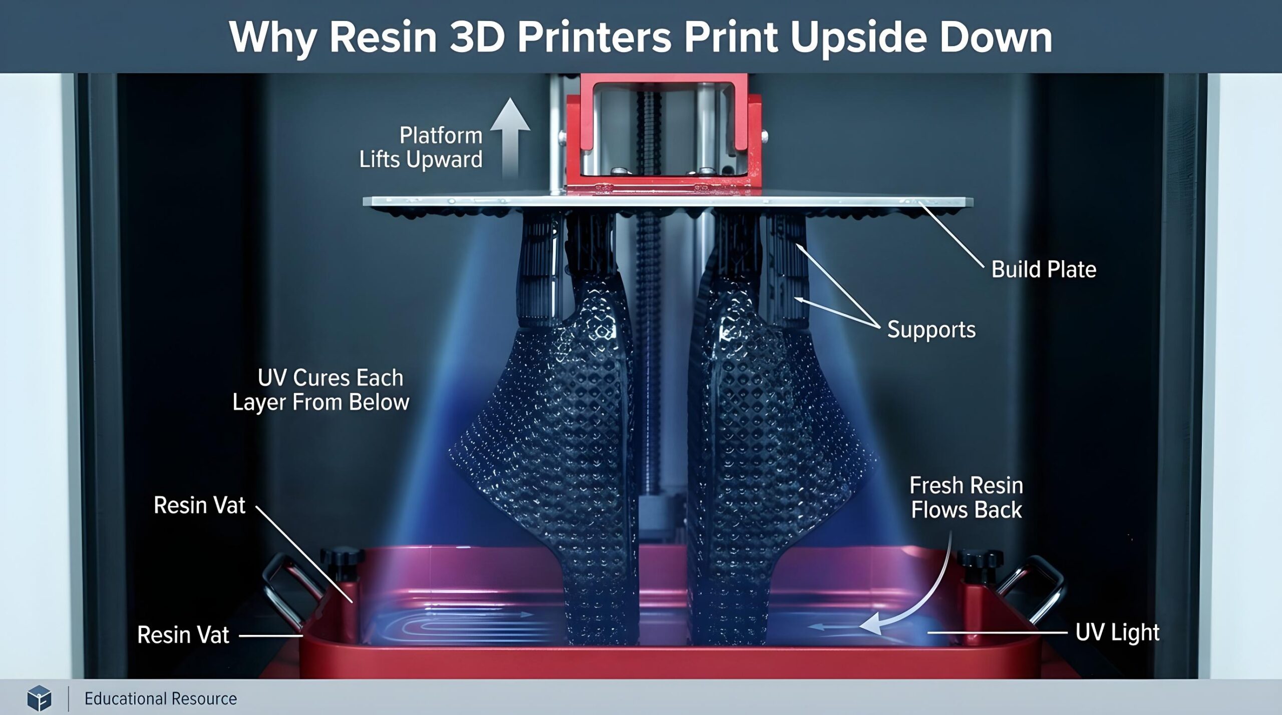 why does a 3d resin printer print objects upside down